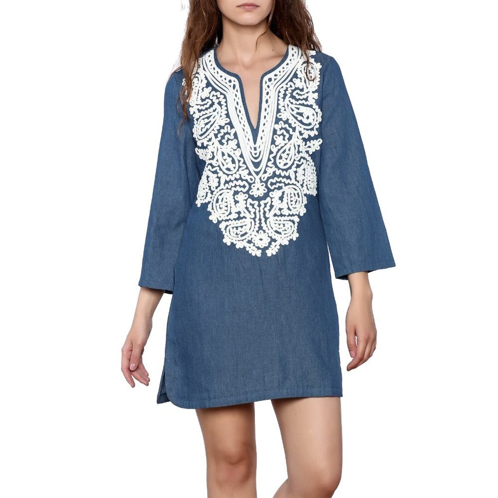 Endless Rose Blue Tunic Dress with White Embroidery